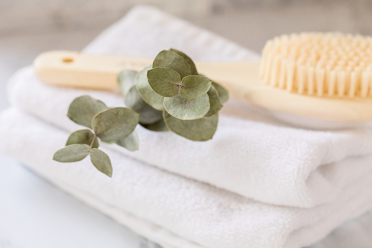 Body Brush and Eucalyptus on Towel